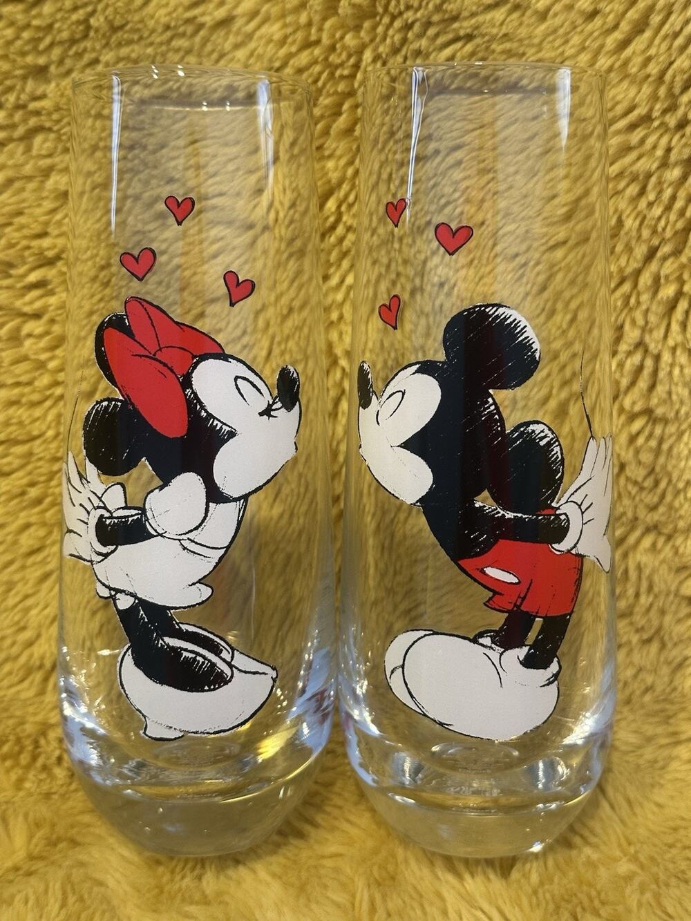 Mickey and Minnie Kiss Hearts Stemless Fluted Glassware Exclusive Set of 2 Wine